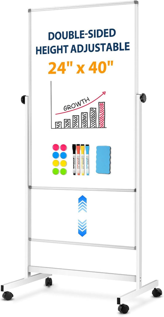 [13 Sq/ft] WALGLASS Double-Sided Rolling Whiteboard, 24"x40" Reversible Dry Erase Board with Stand, Magnetic White Board on Wheels, Standing Mobile Whiteboard, School Supplies, Classroom, Office, Home