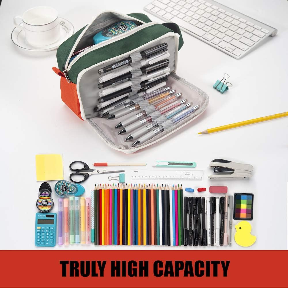 Sooez High Capacity Pencil Case, Big Pencil Bag Pouch Box Organizer Pen Case, Portable Journaling Supplies with Easy Grip Handle & Loop, Aesthetic Supply for Girls Adults, Orange