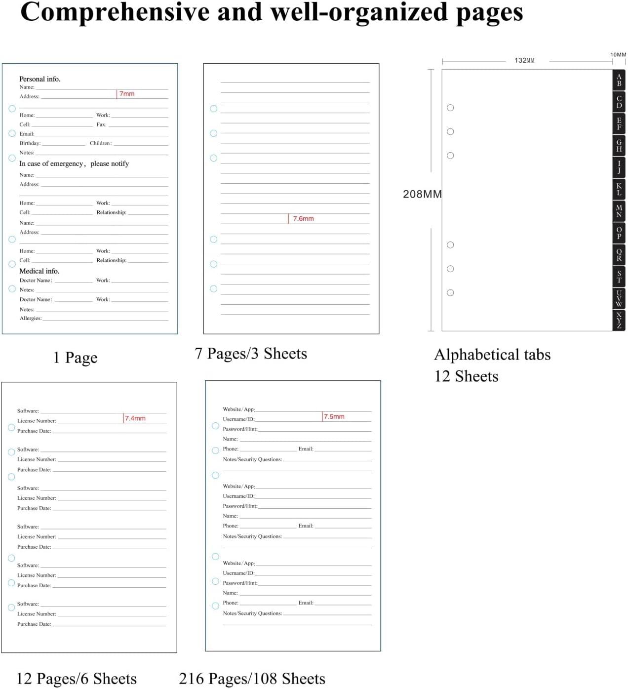 BTSFTOGET Password Book Refill Pages 212 Replacement Pages Internet Log Book, 8.2x5.6in, Large Print 576 Entries Durable Divider with Alphabetical Tabs, For Men Women Seniors Home Office Use