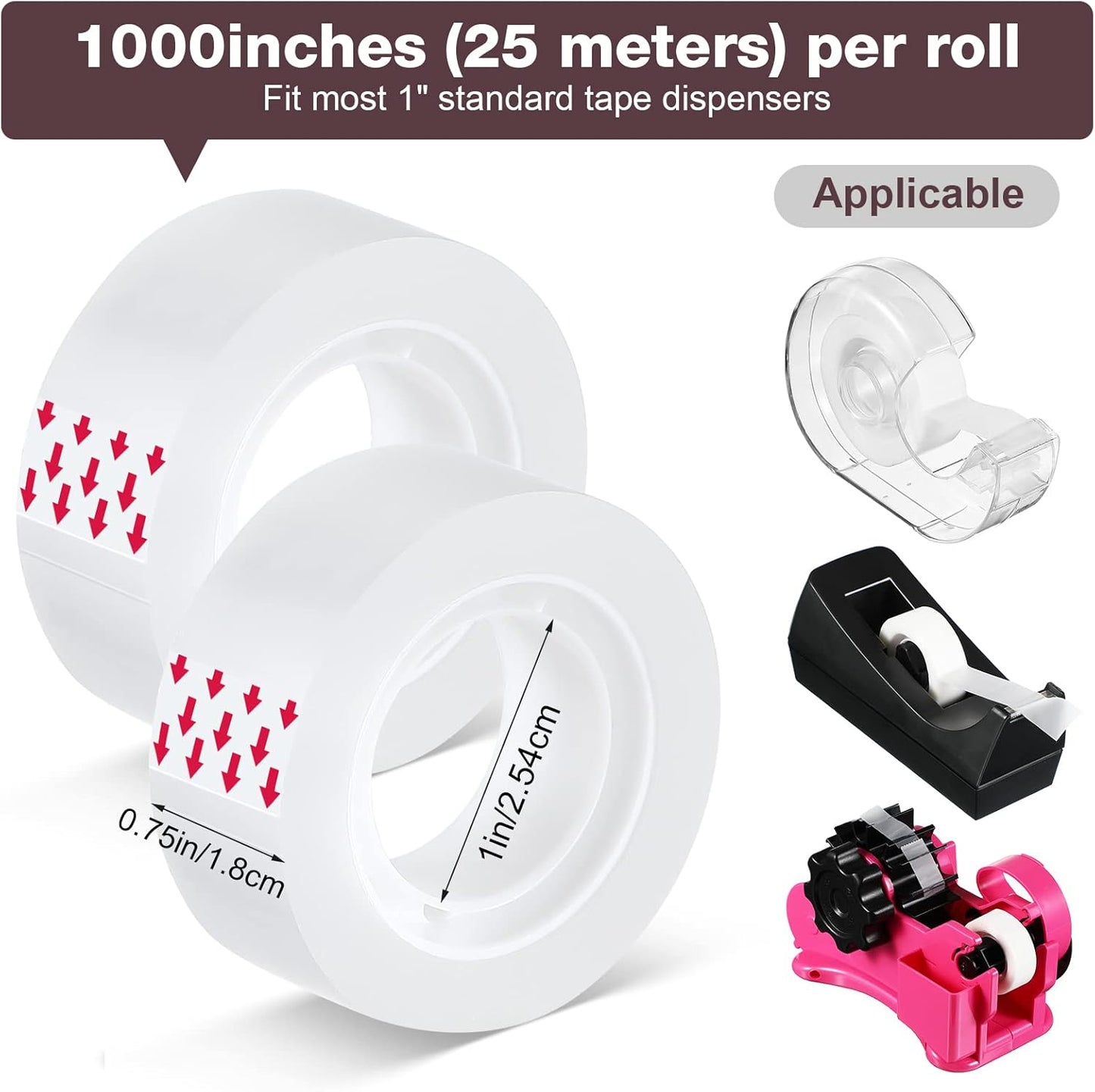 Pasimy 96 Rolls Clear Tape Bulk Strong Sticky Transparent Tape Refills for Dispenser, Office, Home, School, Wall, Carpet, 3/4 x 1000 Inches(Red)