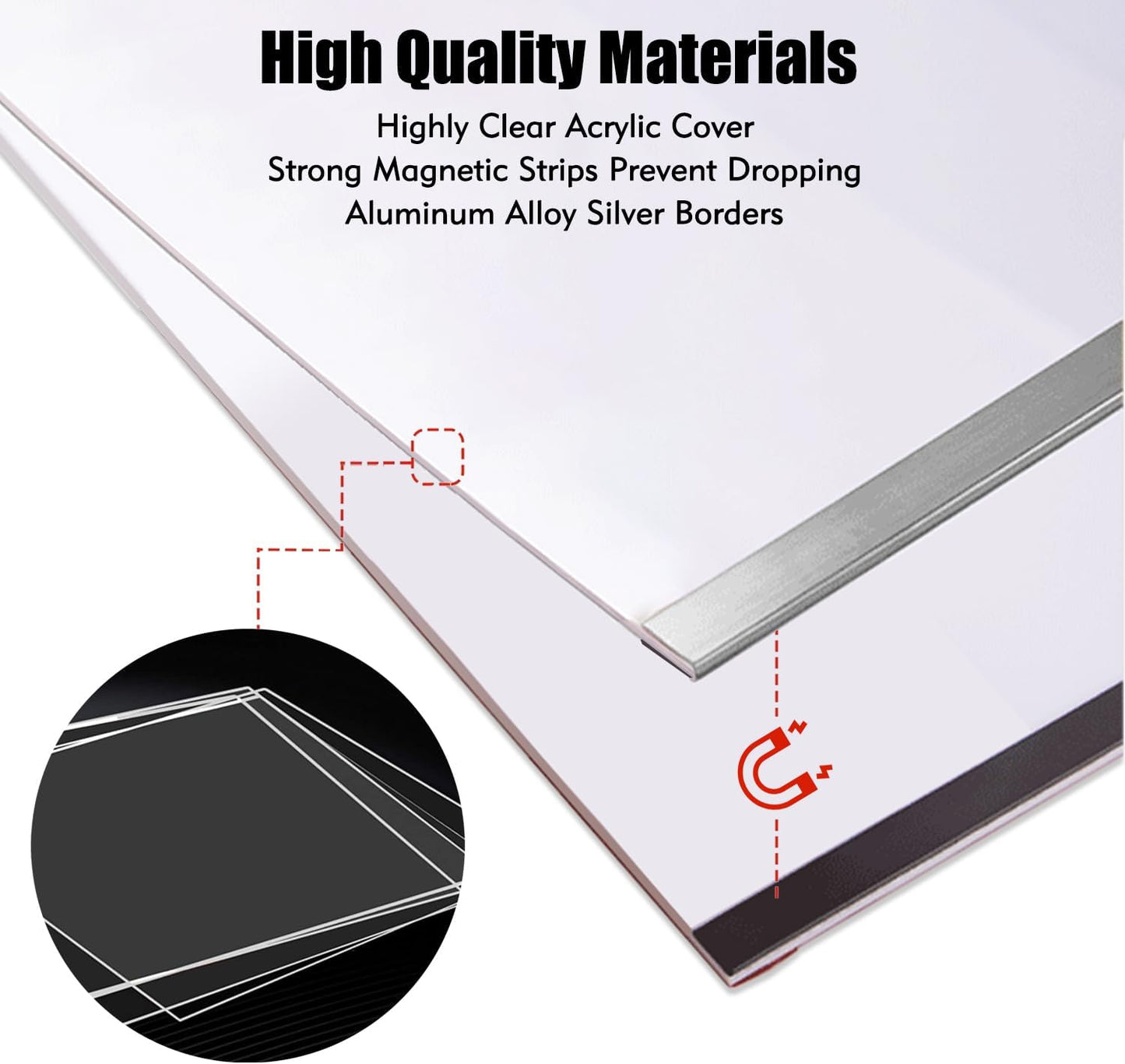 Acrylic Magnetic Sign Holder, Easy-Opening 8.5 x 11 Wall Mount Display Frames, Self Adhesive Back Plastic Clear Document Holder, Silver Aluminium Strips Frame (8.5 x 11, 12Pack)