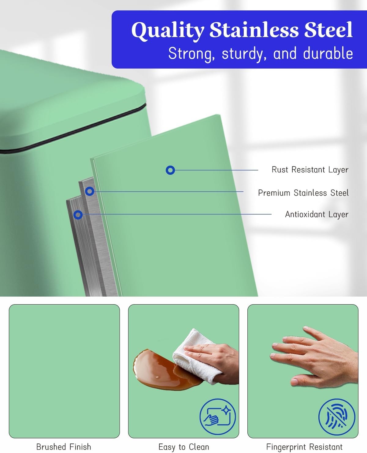 12 Gallon Slim Kitchen Trash Can, Stainless Steel Trash Can with Removal Inner Bucket and Soft-Close Lid, Pedal Garbage Can 45 Liter, Green