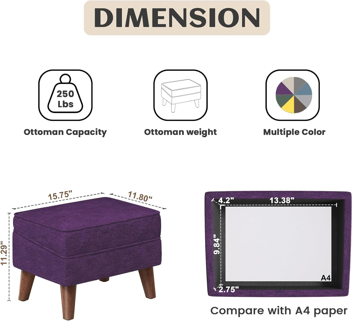 Storage Ottoman, Small Foot Stool Ottoman with Storage, Modern Foot Rest with Adjustable Lid and Sturdy Wood Legs for Living Room, Bedroom, Couch, Enterway(Purple)