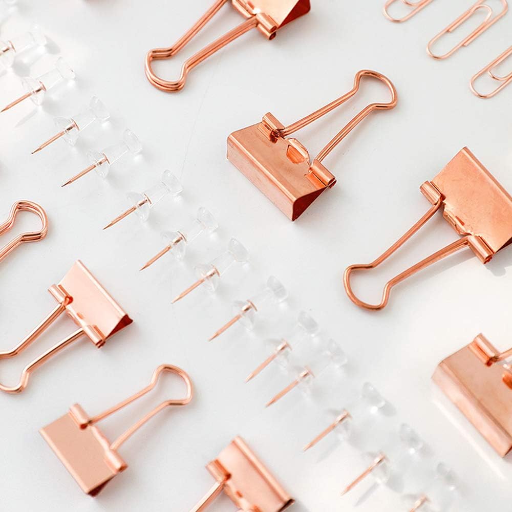 Paper Clips and Binder Clips Set, Metal Assorted Sized Binders with Push Pins, Cute Office Supplies for Desk, Desk Accessories (Square-Rose-Gold)