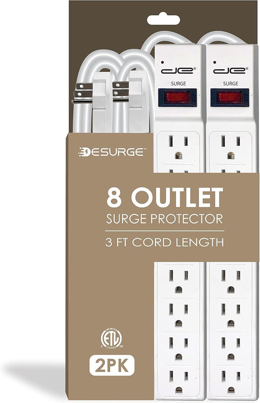 Digital Energy 8 Outlet Surge Protector - 15 AMP, 1875 W, 125 V, 350 J Surge Protection, ETL Listed - Flat Plug (White, 3 FT (Pack of 2))