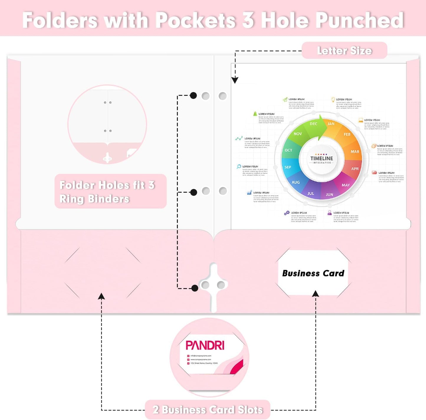 Two Pocket Portfolio Folders, PANDRI 60 Pack 3 Hole Punched 2 Pocket Folders for 3 Ring Binder, Letter Size Paper File Folder for School Office Home Business, Pink