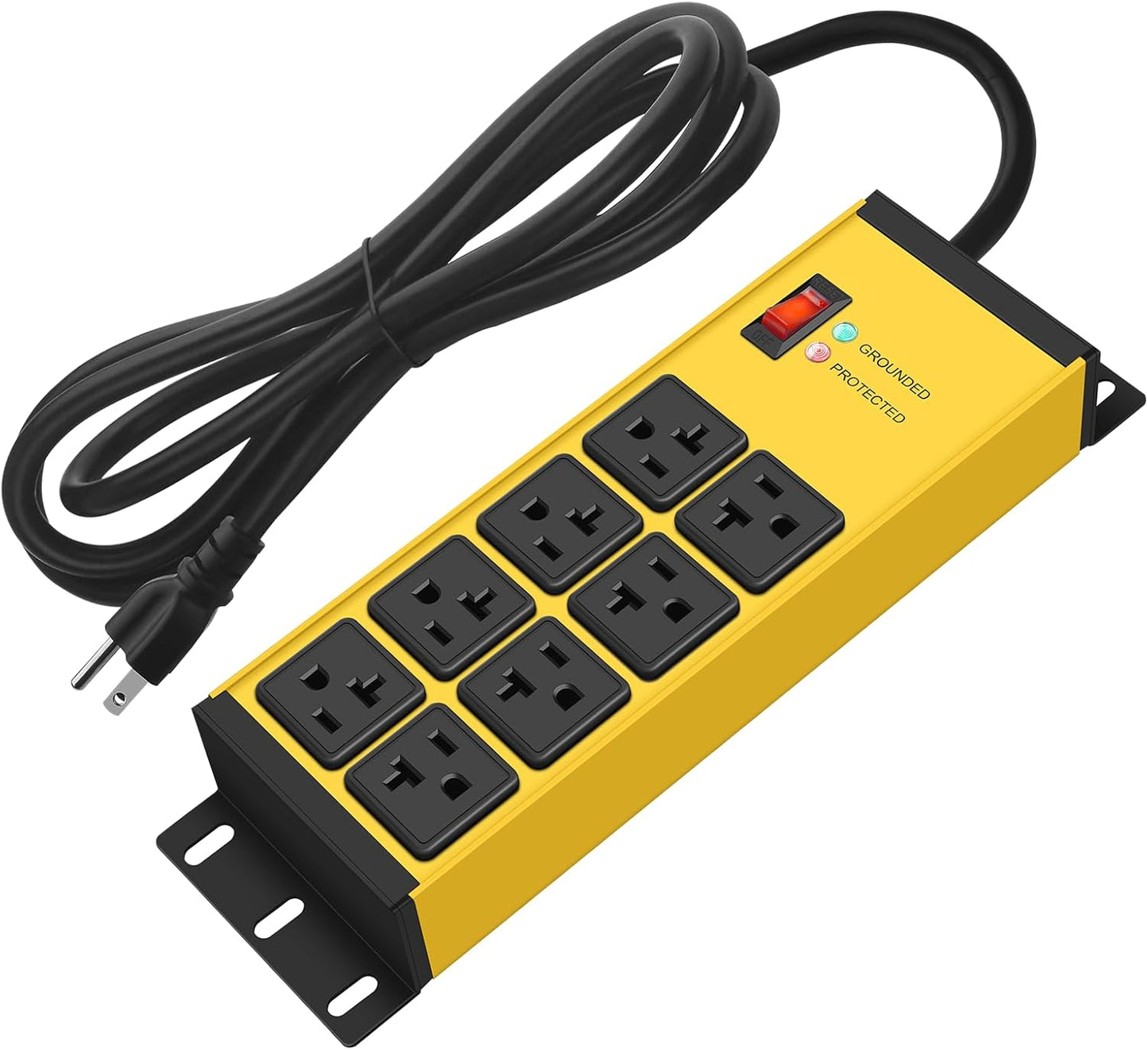 CCCEI Magnetic Heavy Duty Power Strip Surge Protector 20Amp, 12 Gauge High Amp Extension Outlets, Garage Wall Mount 8 Plug Metal Power Strip. 15FT, Yellow, 5-15P Adapter 6-20R T-Slot 20a for Appliance