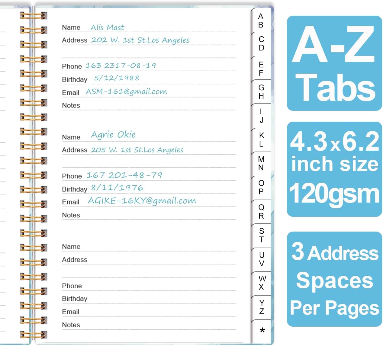 Address Book with Alphabetical Tabs - Small Address Book Spiral with Address Contacts, Special Date, Phone, Birthday & Internet Login Password for Home and Office, 4.3" x 6.2", Blue Watercolor