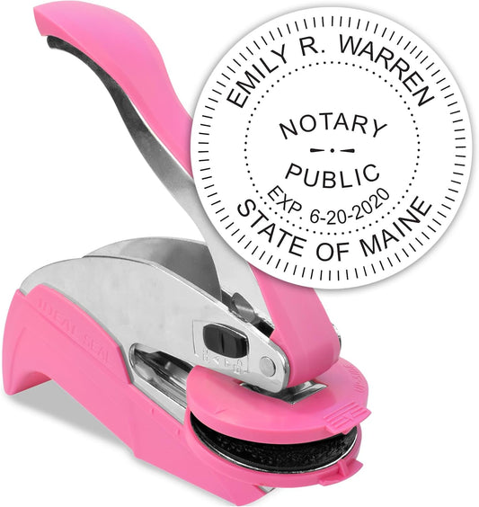 MaxMark Notary Seal Round Pink Embosser for Maine State - Includes Gold Burst Seal Labels (50 Count)