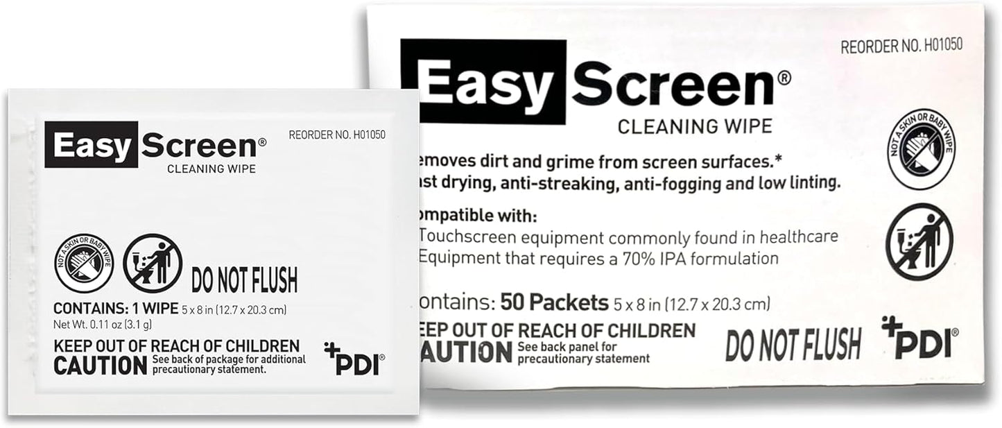Easy Screen, Premium Screen Cleaning Wipes, Electronics, Touchscreens, and Glasses Cleaner, 50 Individual Packets Per Box, Large 5” x 8” Wipe