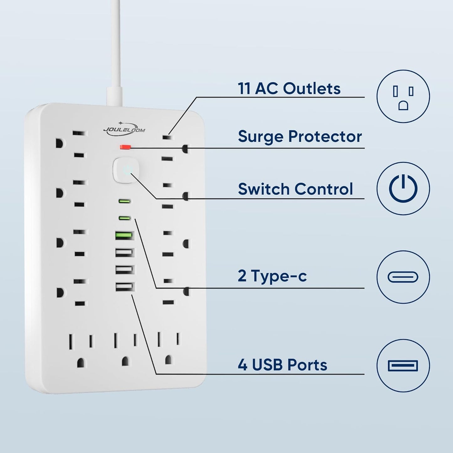 15 FT Flat Plug Surge Protector Power Strip,11 Multiple AC Outlets with 6 USB Ports (2 USB C), 15 Feet Extension Cord, 1250W/10A, One Touch Switch Button, White