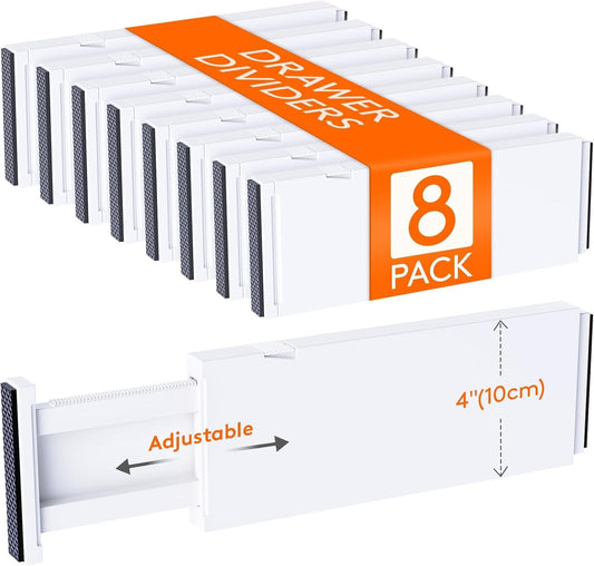 Lifewit 8 Pack Drawer Dividers 4" High,11-17" Adjustable Dresser Drawer Organizers for Clothes, Expandable Dresser Separators in Bedroom/Bathroom/Kitchen/Vanity/Office Organization and Storage, White