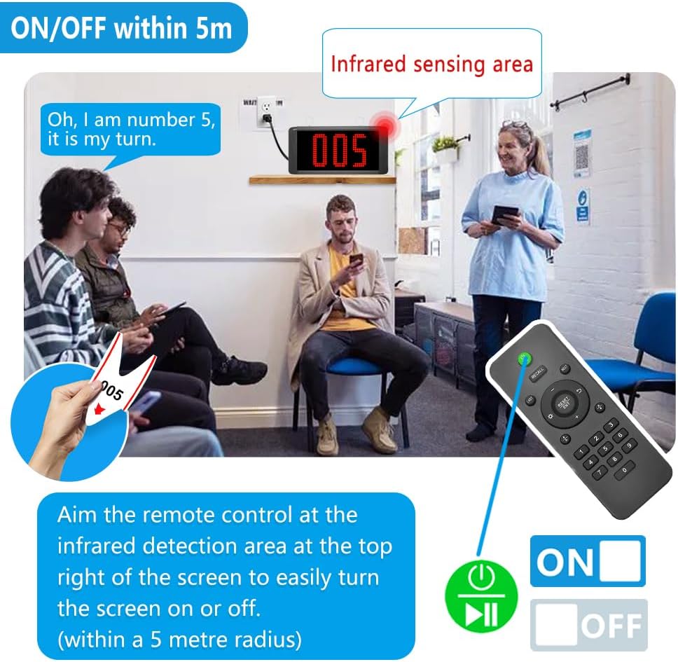 Take a Number System Wireless Queue Calling System 1 Metal Number Display 2 NEXT Call Buttons 1 Red Ticket Dispenser with 3-Digit Ticket Roll 000-999 for Restaurant Cafe Clinic Bank