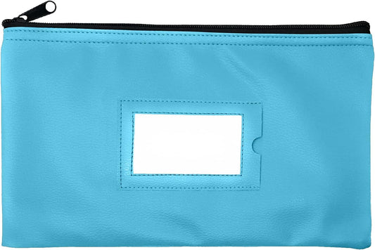 Money Bank Deposit Bag with Zipper | 11x6 inch | Light Blue | Durable Leatherette Money Cash Coin Check Wallet Pouch for Men & Women with Framed ID Window and Blank Card | by GIDABRAND (1)