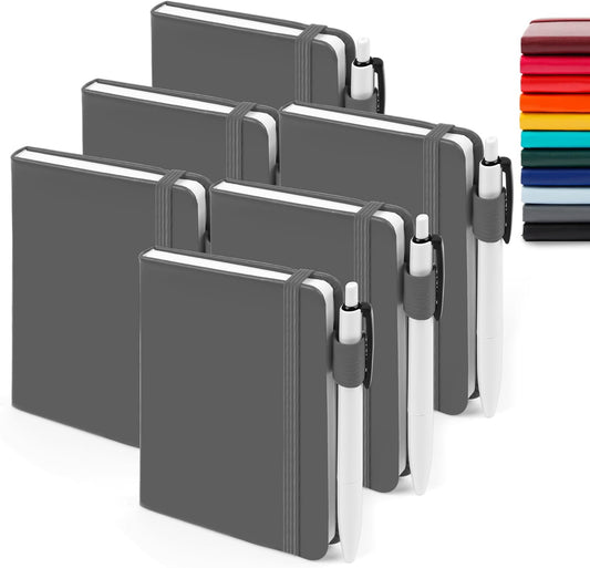 feela 6 Pack Pocket Mini Notebooks Bulk, Small Cute Memo Notepads Hardcover College Ruled Lined Journals with Pen Holder for School Business Work, with 6 Black Pens, 3.5”x 5.5”, A6, Gray