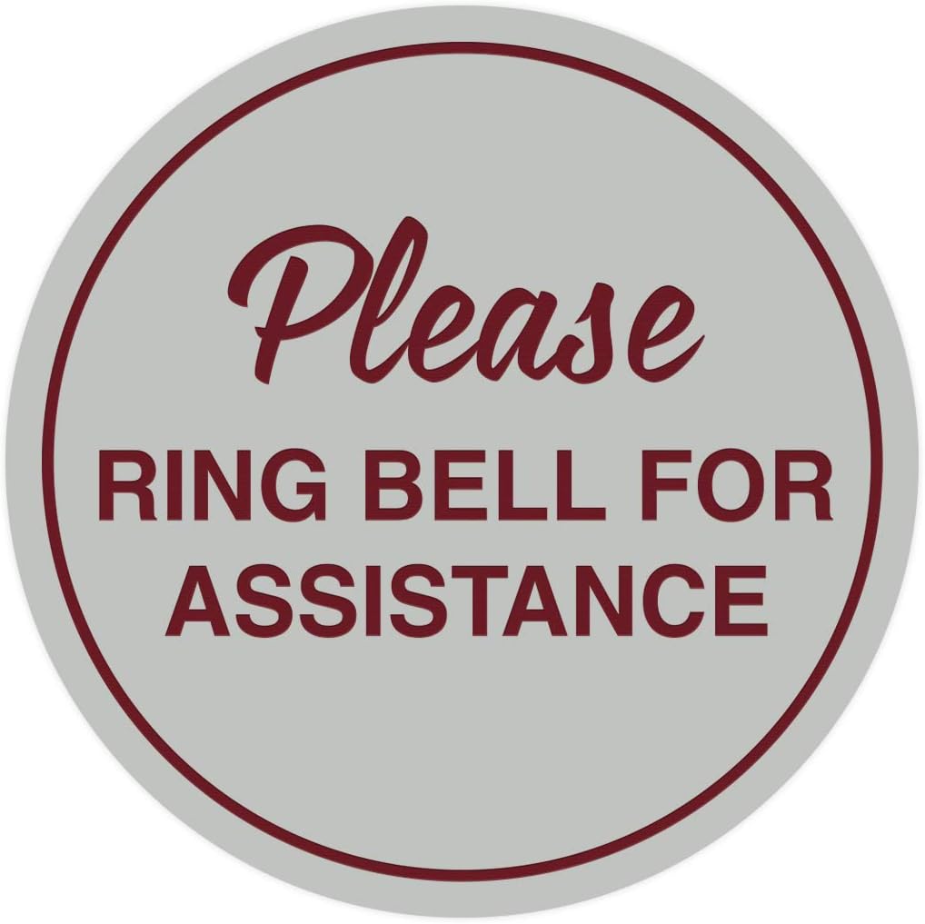 Signs ByLITA Circle Please Ring Bell For Assistance Wall or Door Sign | Easy Installation | Front Desk Reception Sign (Light Grey/Burgundy) - Medium (5 Pack)