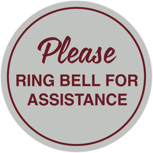 Signs ByLITA Circle Please Ring Bell For Assistance Wall or Door Sign | Easy Installation | Front Desk Reception Sign (Light Grey/Burgundy) - Medium (2 Pack)