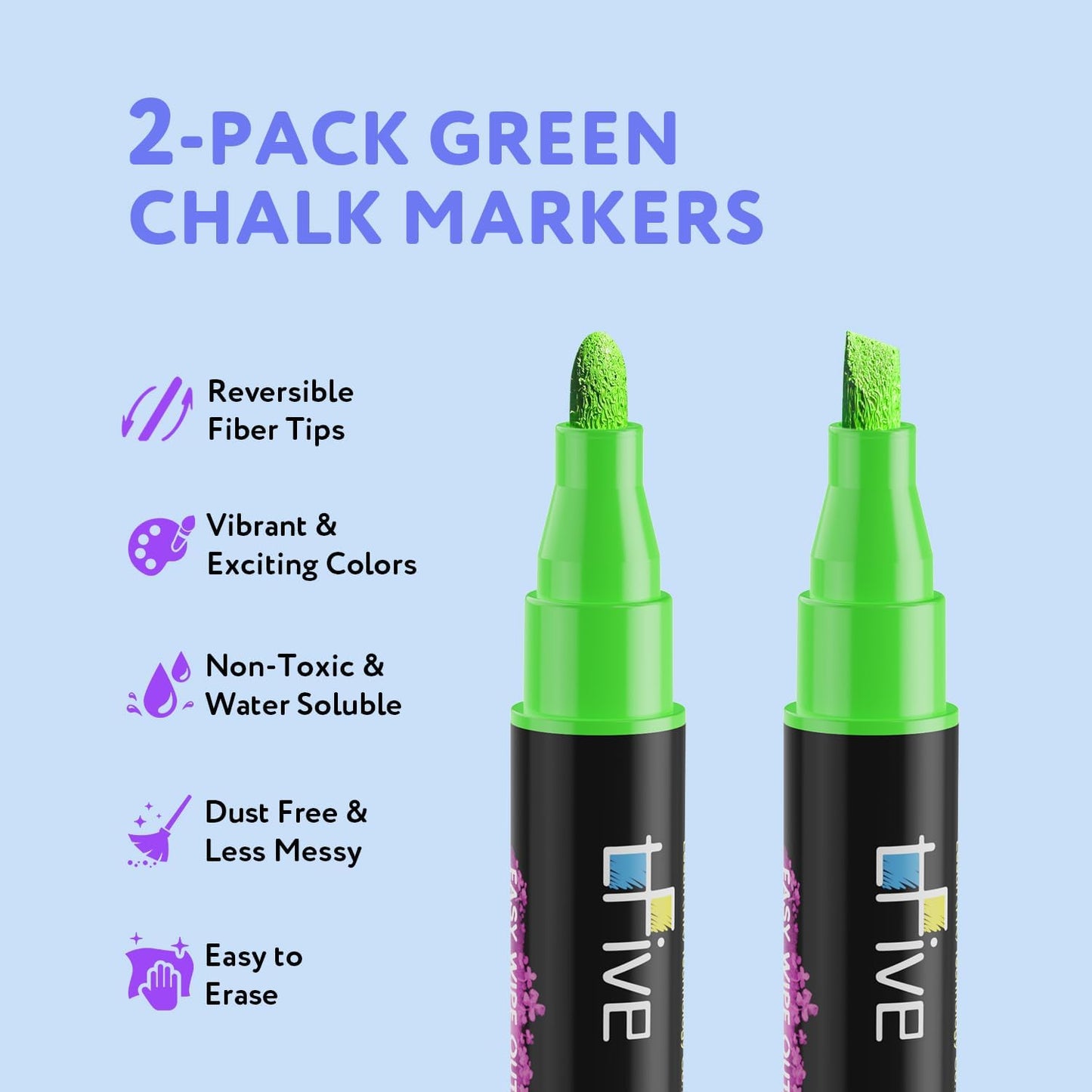 TFIVE Green Liquid Chalk Markers - 2 Pack Bright Colors Erasable Chalk Marker Pens, Reversible Tip, Non-Toxic, for Chalkboards, Signs, Glass, Easy to use Chalk markers TF800