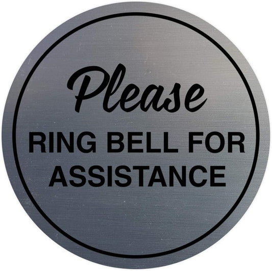 Signs ByLITA Circle Please Ring Bell For Assistance Wall or Door Sign | Easy Installation | Front Desk Reception Sign (Brushed Silver) - Large (1 Pack)