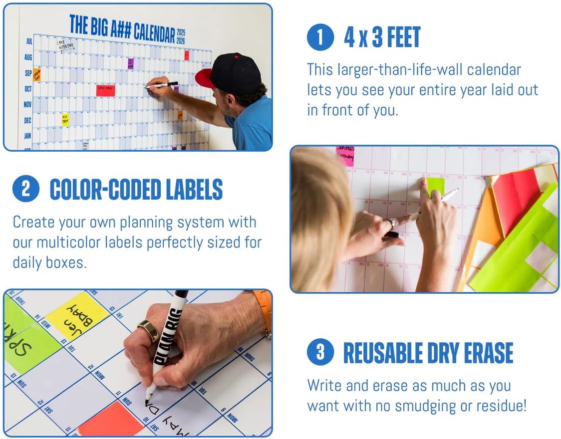 The Big A## Calendar Yearly Wall Planner – January to December Dry-Erase – Includes 1 Marker & 100 Labels – Lightweight, Easy to Hang Yearly Planner – Plan Goals & Adventures – Pink, 4’x3’