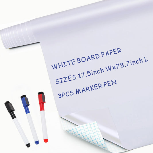 White Board Paper - 17.3” x 78.7” (6.5 Feet) - Self-Adhesive Dry Erase Board Sheet Sticker Removable Wall Decals for Kids, Office, School & Home with 3PCS Marker Pen