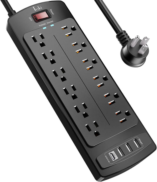 Power Strip, Tcstei Surge Protector with 12 Outlets and 4 USB Ports, 6 Feet Extension Cord (1875W/15A) for for Home, Office, Dorm Essentials, 2700 Joules, ETL Listed, (Black)