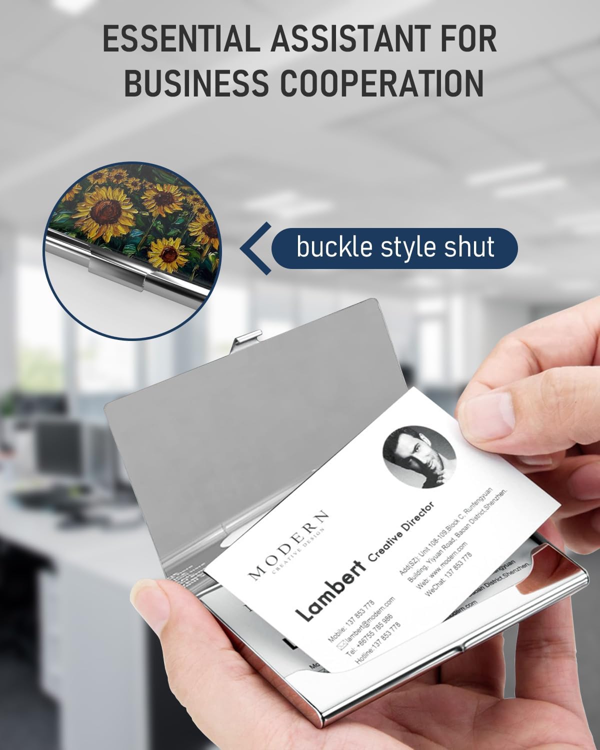 Business Card Metal Slim Organizer, Professional Stainless Steel Square Pocket Wallet for Office Workers, Compact and Portable for Pockets (Starry Sunflowers A)