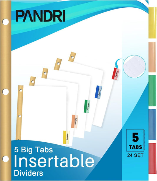 Binder Divider, PANDRI 120 Pack Binder Index White Dividers with 5 Insertable Multicolor Big Tab, Letter Size Paper Binder Divider for School Office Home Business