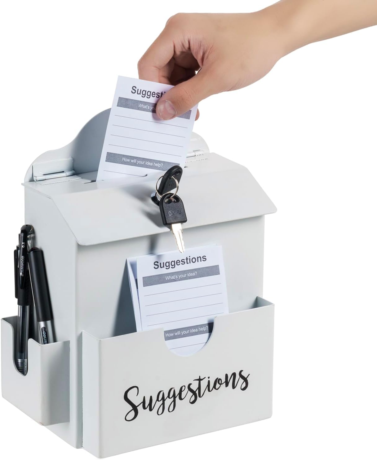 MyGift Classic White Metal Suggestion Box with Cursive Suggestions Lettering, Wall Mounted or Tabletop Comment Box with Lock, Keys, Paper Sheet and Pen Holder Slots