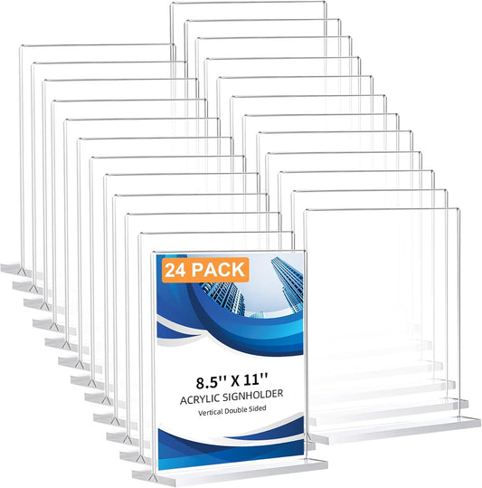 24 Pack Acrylic Sign Holder 8.5 x 11, Double-Sided Clear Sign Holder Plastic Stands for Display, T Shape Acrylic Table Sign Stands for Office Store Restaurants Wedding Party Decoration