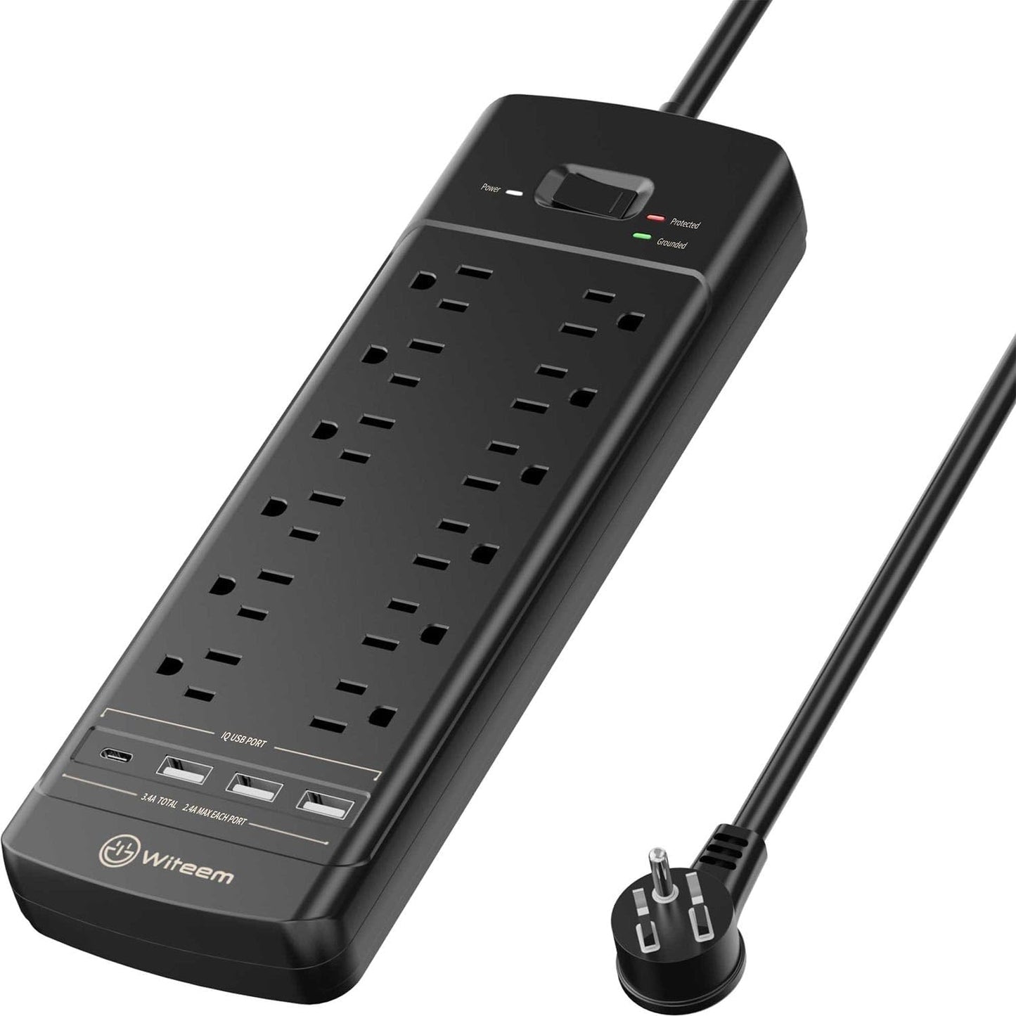Surge Protector Power Strip - 12 Outlets,3 USB+USB-C 3.4A Ports, 6Ft Extension Cord, 1875W/15A, 4360Joules, Overload Protection - Ideal for Home & Office Use (Black-USBC)