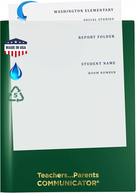 Nicky's Folder® English Communicator, Parent-Teacher Folder, Patented Tear-Resistant, Flexible Plastic, 2 Inside Pockets, 2 Exterior Sleeves, Letter Size Paper, Single Color (24 Pack) (Green)