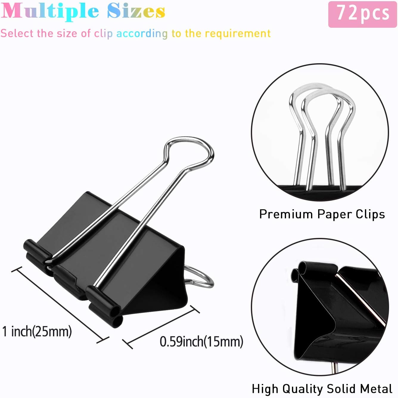 Medium Binder Clips, 72 Pack, 1 Inch, Standard 25mm, Black, Small Fold Clamp, Capacity 0.47 Inch, Metal Paper Clips, Office Clips, School & Home Use