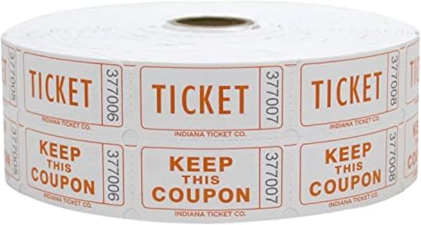 INDIANA TICKET CO. 1,000 Tangerine Raffle Tickets Double Roll, Premium Quality 50/50 Raffle Tickets, Tickets for Events, Carnivals, Door Prizes, Drinks and More