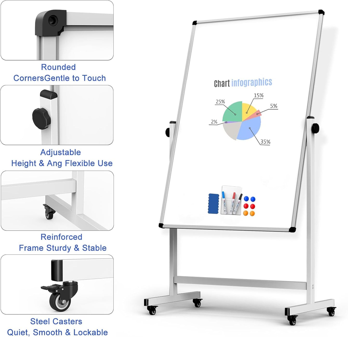 Rolling Whiteboard on Wheels, Double-Sided Magnetic Dry Erase Board with Stand, Mobile White Board for Office, Classroom, Home (32" x 48")