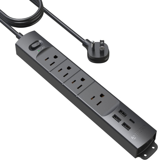 TROND Surge Protector Power Strip with USB, Ultra Thin Flat Plug 10ft Long Extension Cord 1625W, 3 USB A & 1 Type C, 4 AC Outlets 1440J Surge Protection Wall Mount for Home Office Dorm Room, Black