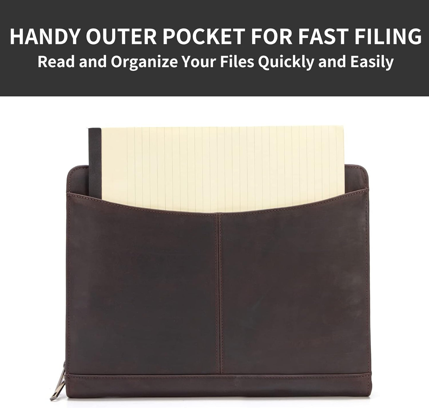 Personalized Genuine Leather Portfolio with Front Pocket for Men and Women, Custom Engraved Zippered Padfolio Binder for 8.5 x 11 Legal Pad Notebook, Professional Laptop Case, Dark Brown