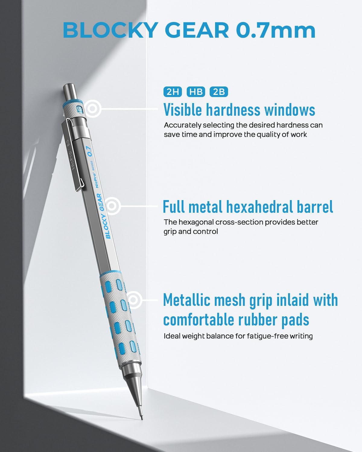 Nicpro Blocky Gear 0.7 mm Mechanical Pencils Set in Case, Metal Pencil with Lead Refills, Eraser for Professional & Adult Art Writing Drafting Drawing