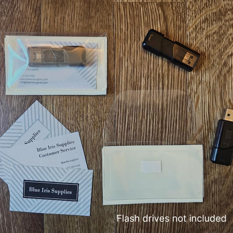 Business Card Pocket - Flash Drive Pocket - Self Adhesive - Open Long - Resealable Flap - BIS10130 (100-Pack), Clear