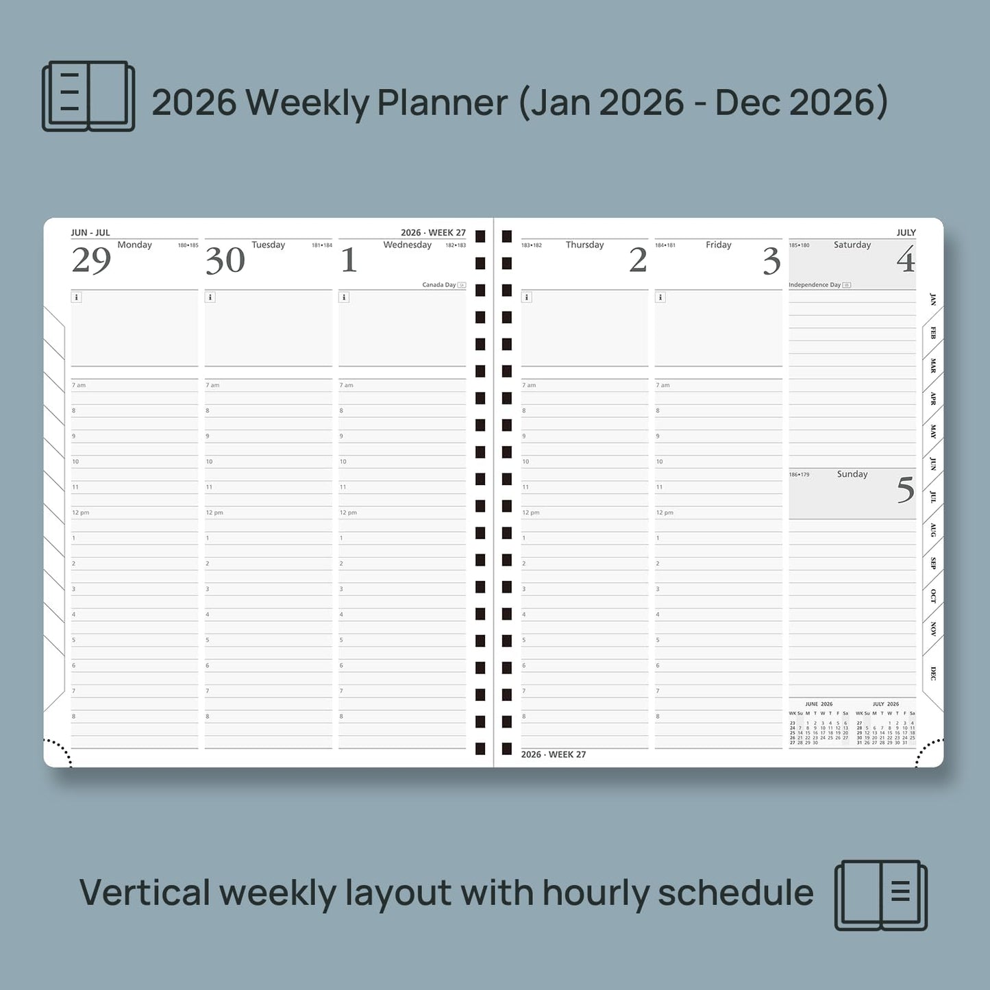 POPRUN 2026 Planner (Large - 8.5" x 10.5") with Hourly Schedule, Vertical Layout - 2026 Weekly Calendar (Jan. 2026 - Dec.2026) for Time Management, Monthly Tabs, Spiral Bound, Soft Cover - Pacific Green