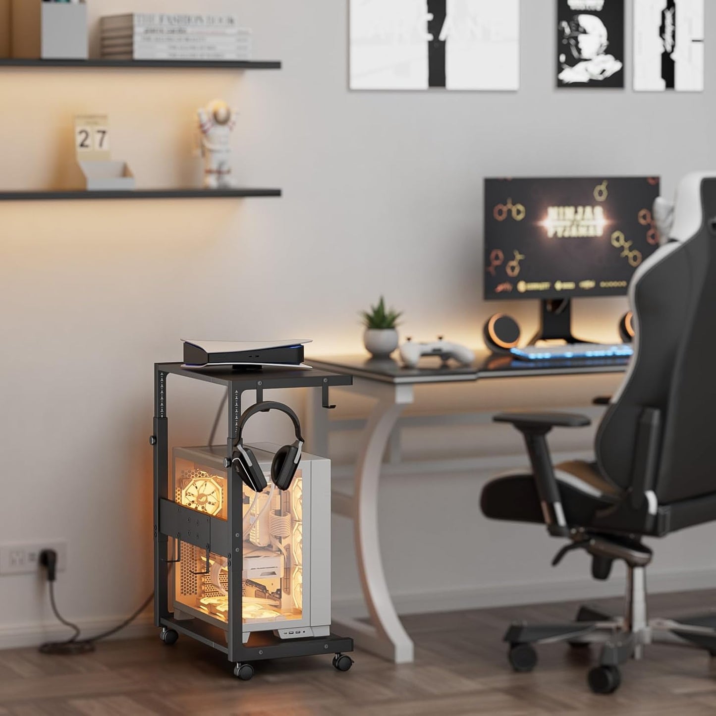 JANE EYRE Computer Tower Stand - Adjustable PC Tower Stand CPU Holder Cart with Charging Station for Office Home Classroom,23.03"-28.3" H, black