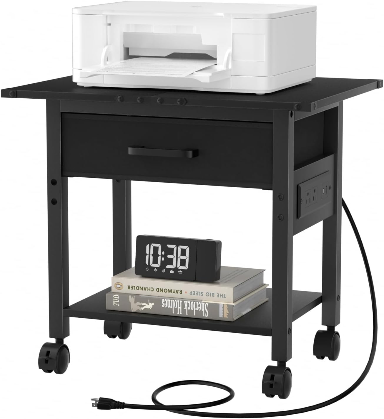 Lerliuo Under Desk Rolling Printer Stand with Charging Station and USB Ports, 2-Tier Printer Table Desk with Fabric Drawer, Printer Cart Holder with Lockable Wheels for Home, Office (Black)