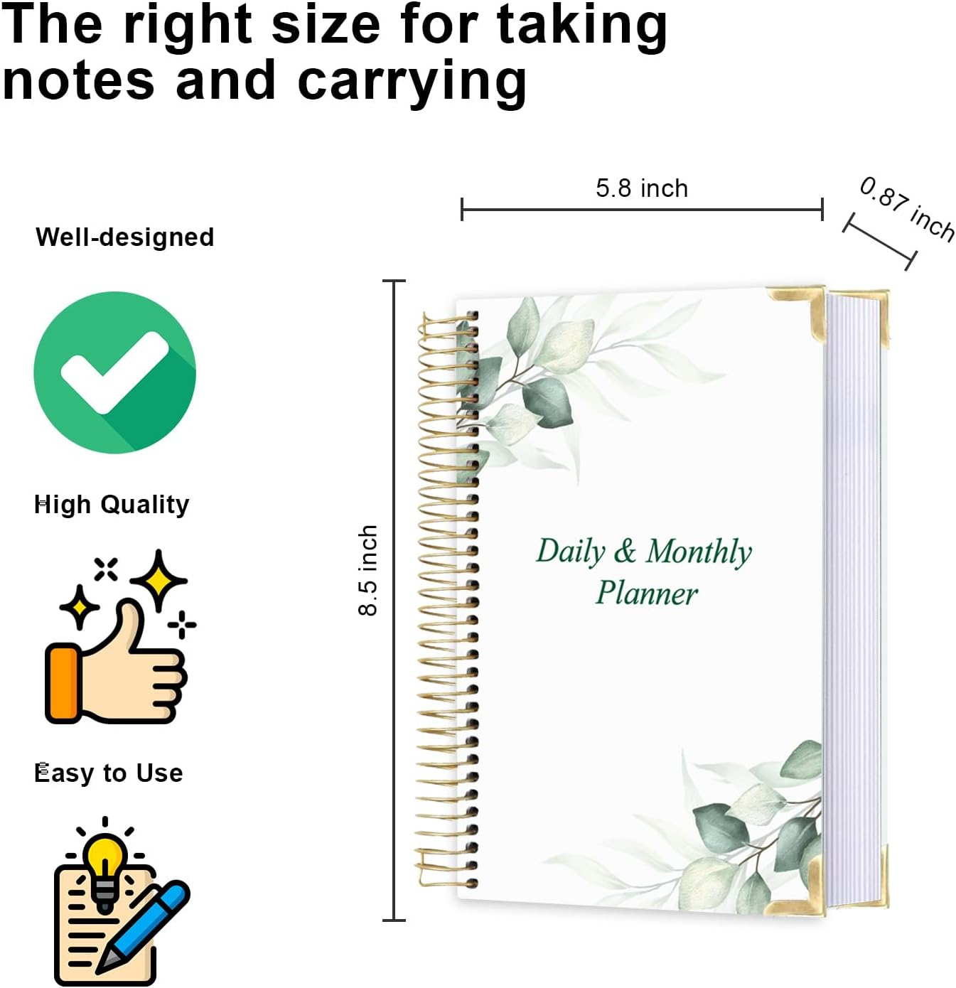 Undated Daily Monthly Planner for 2025 2026 - A5 To Do List with Hourly Schedule, Hardcover Spiral Bound Daily Planner to Increase Focus, Stylish School/Office Supplies, 5.8" x 8.5", Green Leaf