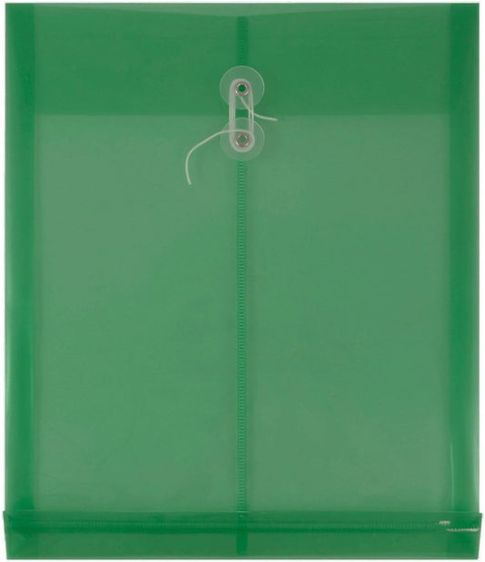 JAM PAPER Plastic Envelopes with Button & String Tie Closure - Letter Open End - 9 3/4 x 11 3/4 - Green - 12/Pack