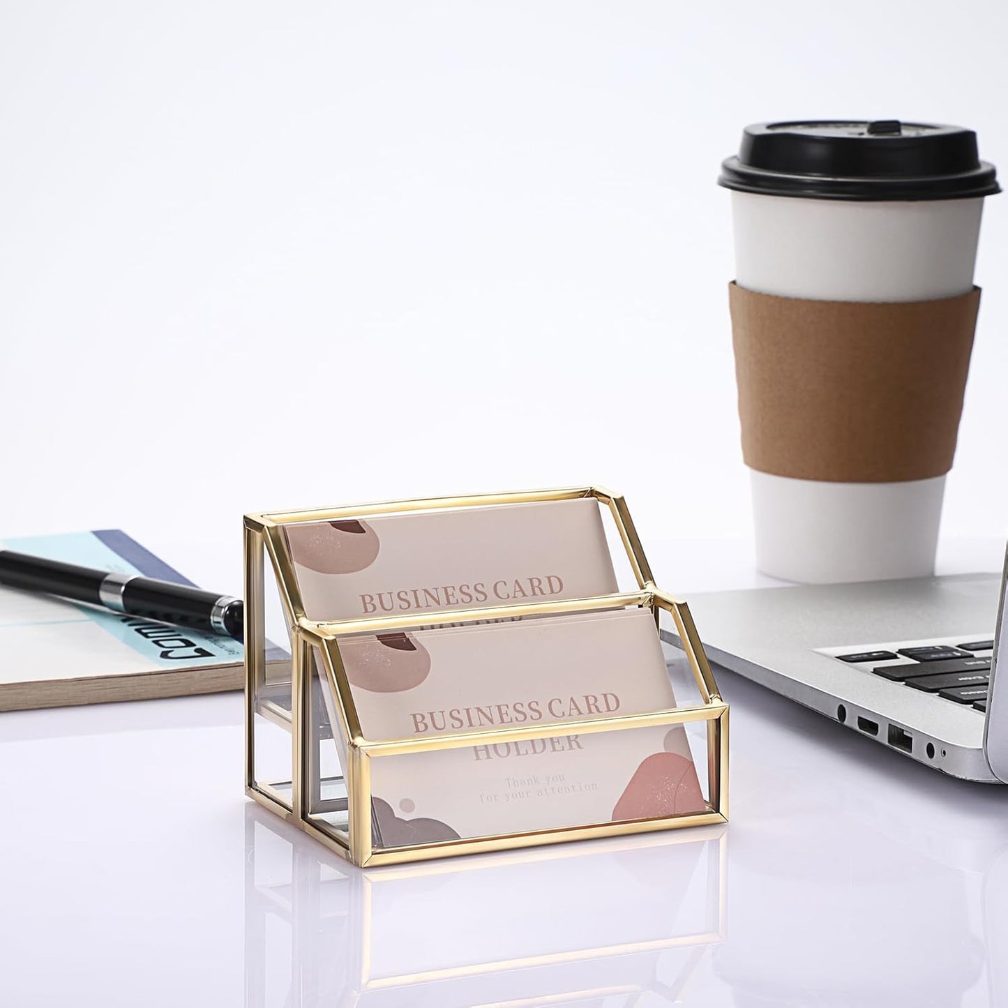 Hipiwe Glass Business Card Holder 2 Slots Gold Business Card Stand Mirrored Base Name Display Holder for Desk Multiple Clear Business Card Holder Display for Office