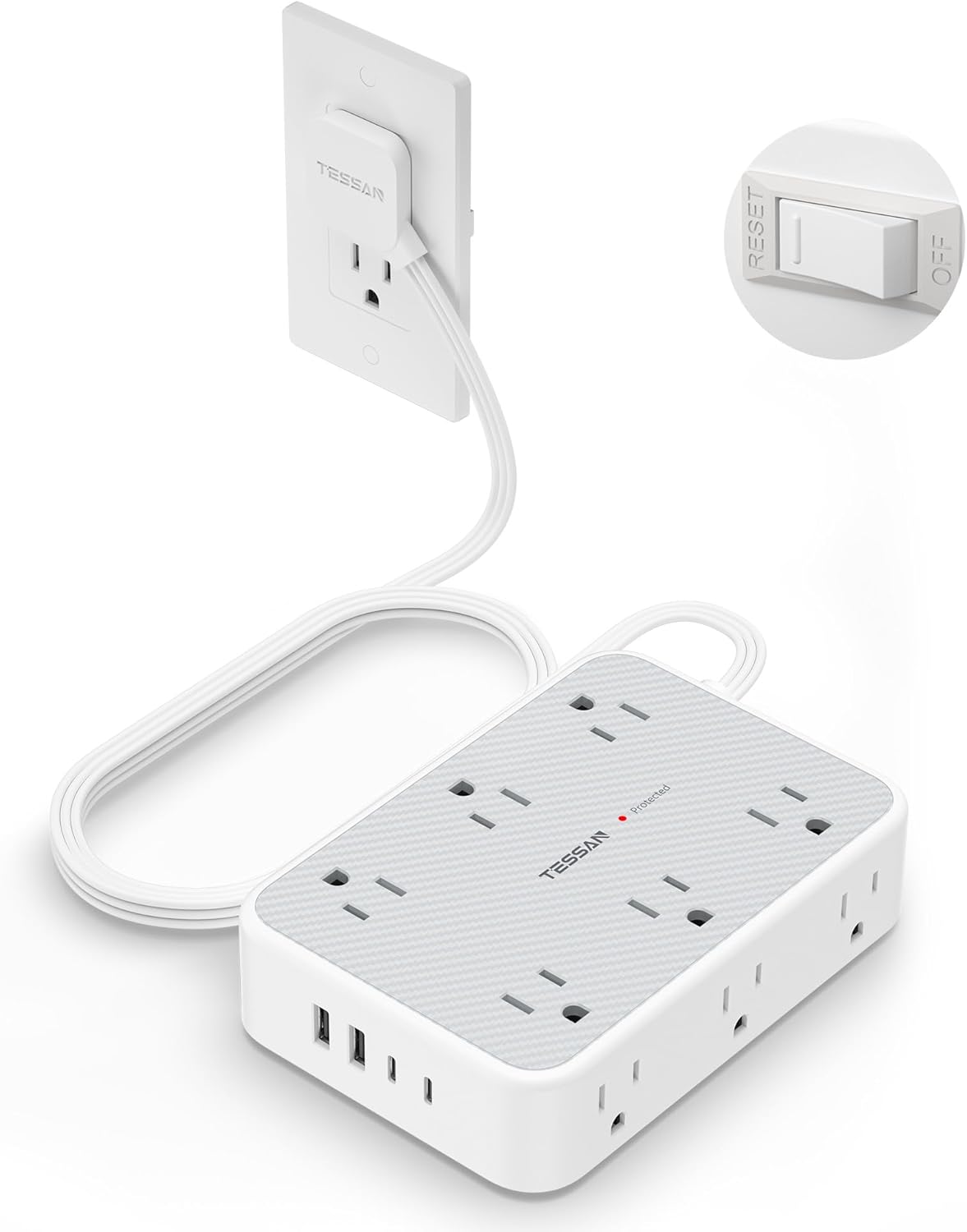 TESSAN Extension Cord 10 ft Surge Protector Power Strip, 12 Outlet Extender with 4 USB (2 USB C), 1800 Joules Protection, Flat Plug, Flat Extension Cord with Multiple Outlets, for Home, Office, Dorm