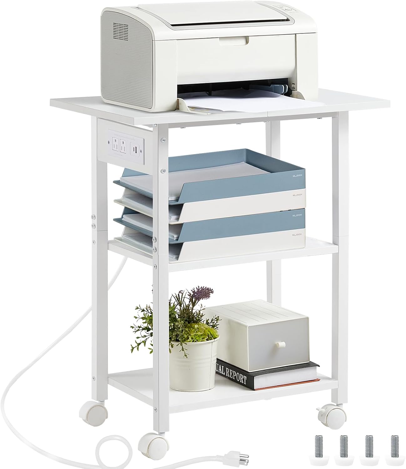 Lerliuo 3-Tier Printer Stand with Charging Station, Industrial Mobile Printer Table with Storage Shelf and Steel Frame, Rolling Printer Cart Holder with Lockable Wheels for Home, Office (White)