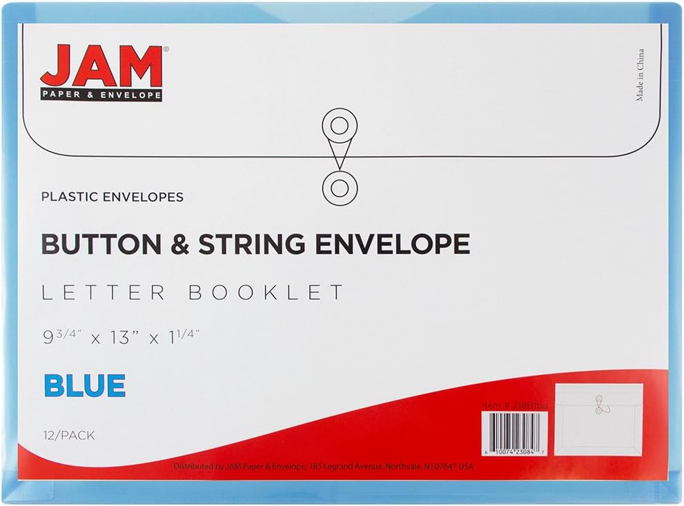 JAM PAPER Plastic Envelopes with Button & String Tie Closure - Letter Booklet - 9 3/4 x 13 - Blue - 12/Pack