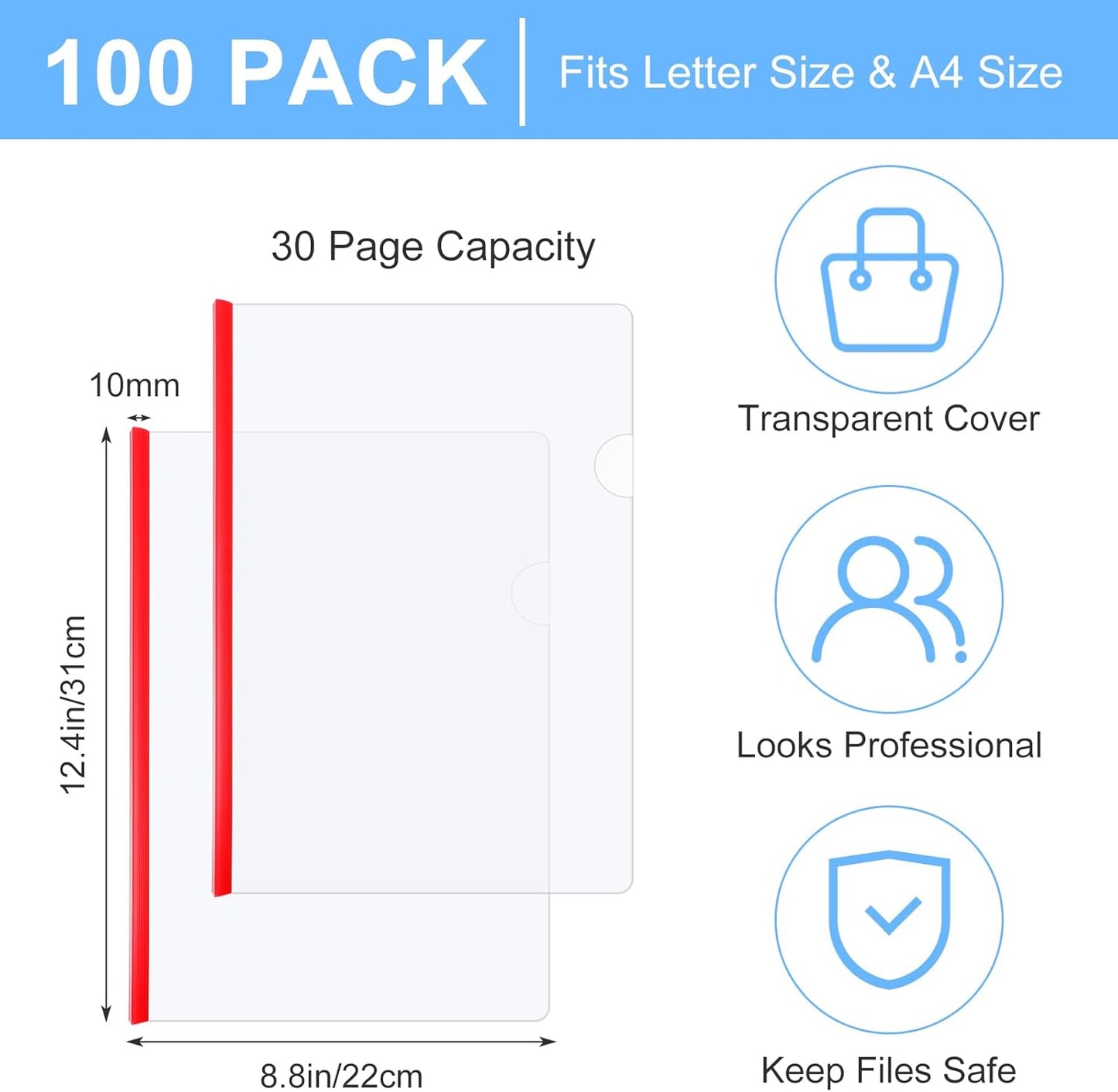 100 Pcs Clear Report Cover with Sliding Bar 30 Sheet Capacity Presentation Binder Transparent Resume Folder Plastic Folder for File Report School Office (8.8 X 12.4 Inch)