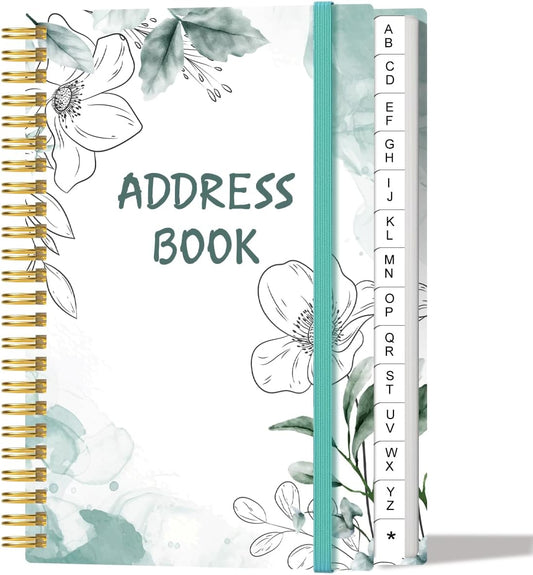 Address Book with Alphabetical Tabs - Small Address Book Spiral with Address Contacts, Special Date, Phone, Birthday & Internet Login Password for Home and Office, 4.3" x 6.2", Teal Flowers